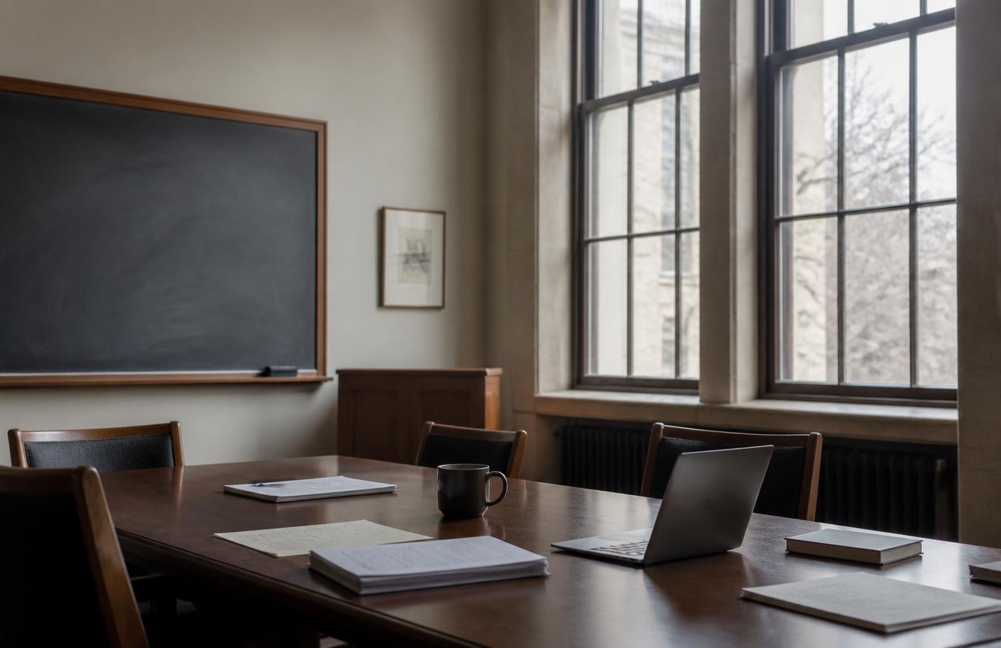 An empty university seminar room with papers and a laptop on a wooden table